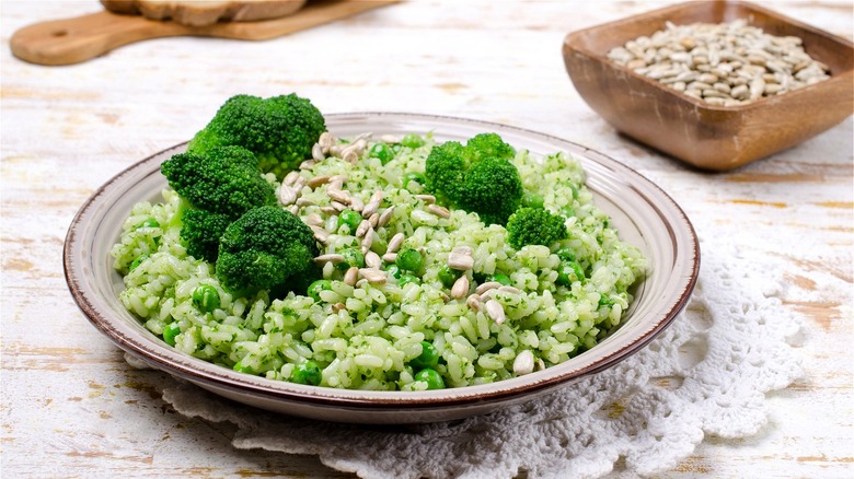 Green rice with broccoli and seeds
