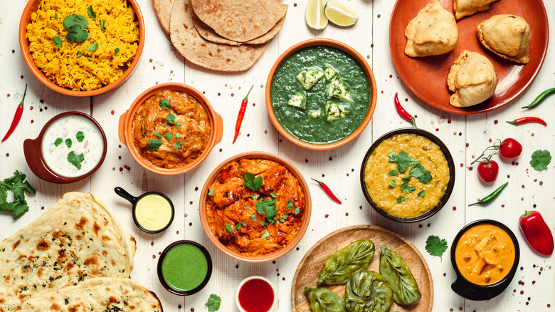 Assortment of different Indian foods and condiments