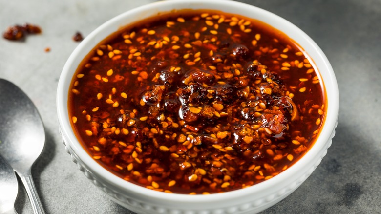 Chili crisp in a white bowl