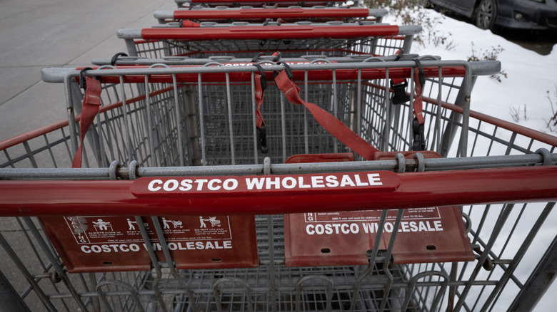 Costco shopping carts lined up outside by snow