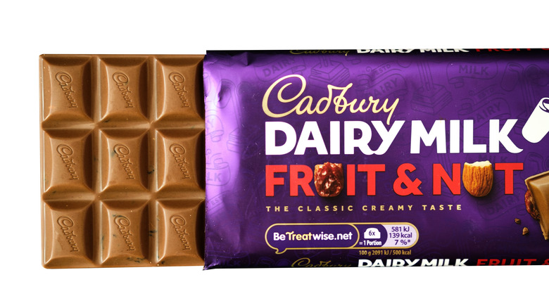 Cadbury dairy milk fruit and nut chocolate bar white background