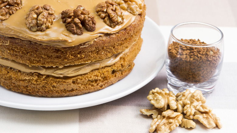 British coffee and walnut cake on a plate