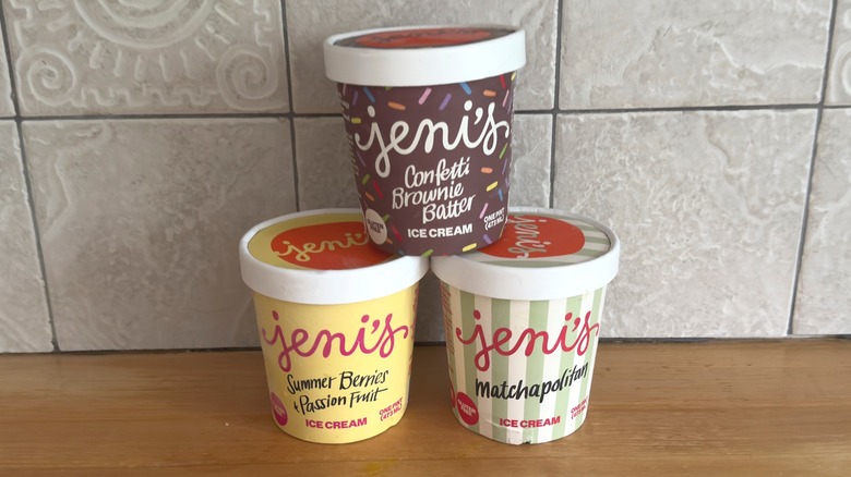 Containers of Jeni's Confetti Brownie Batter, Summer Berries & Matchapolitan ice cream