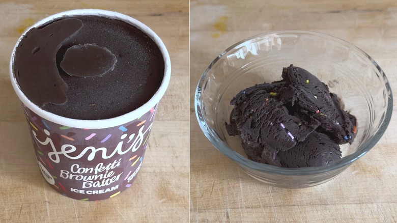 Jeni's Confetti Brownie Batter ice cream container and bowl
