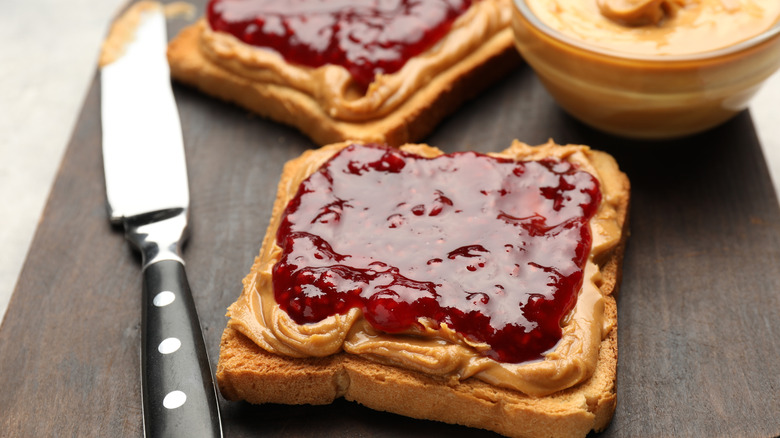 Open peanut butter and jelly sandwiches