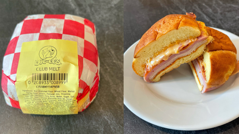 Buc-ee's club melt sandwich, wrapped on the left and unwrapped on the right