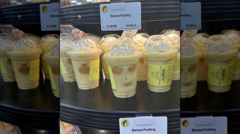Buc-ee's banana pudding in plastic cups with whipped cream
