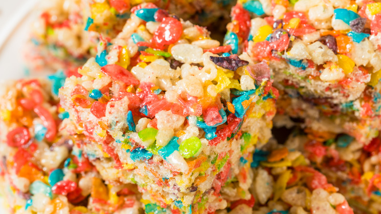 Fruity Pebbles Rice Krispies Treats cut into squares