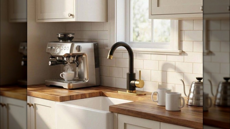 stylish black and gold faucet in modern kitchen