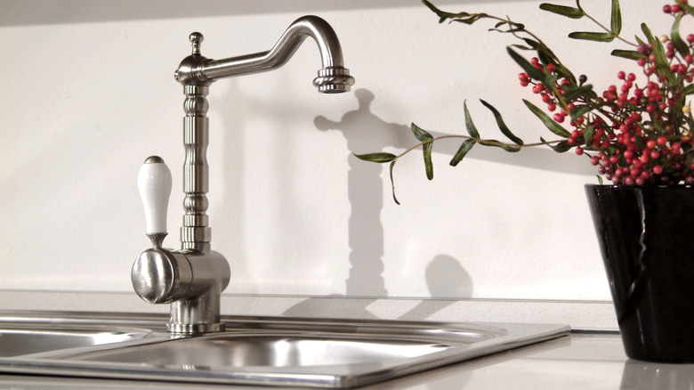 brushed nickel kitchen faucet with flowers