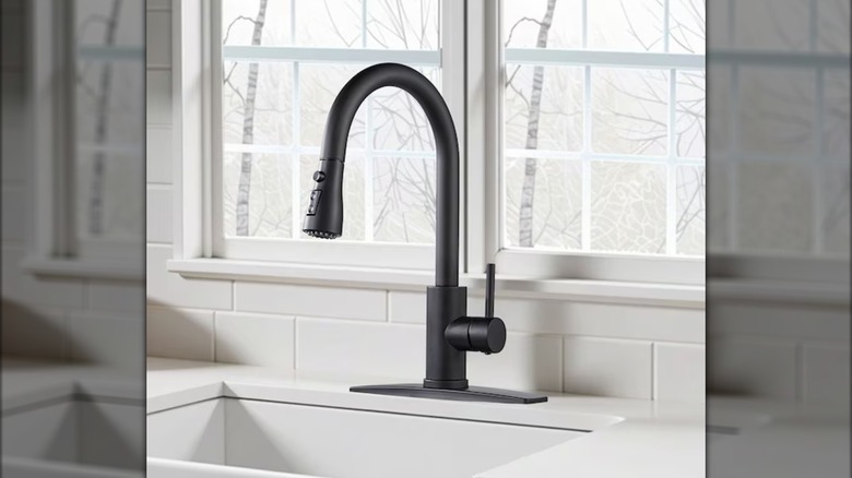 black matte kitchen faucet in white kitchen