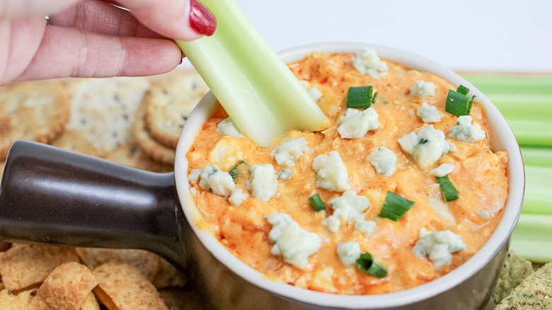 buffalo chicken dip in dish 