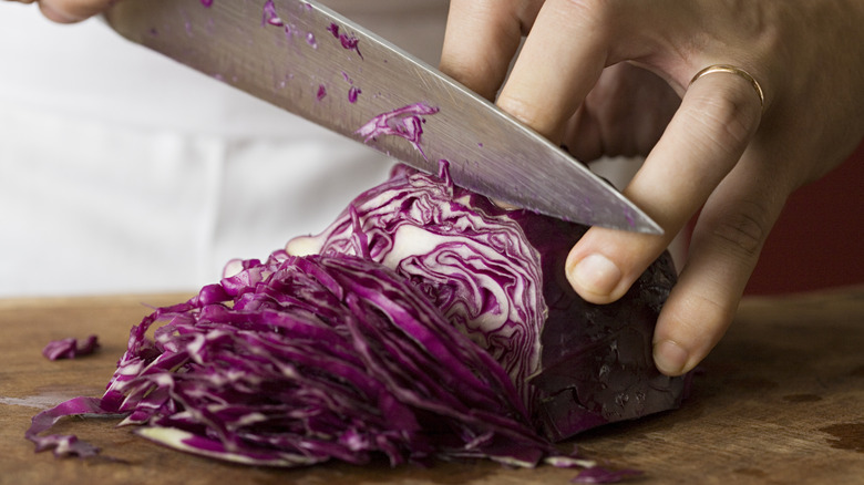hands slicing red cabbage closeup