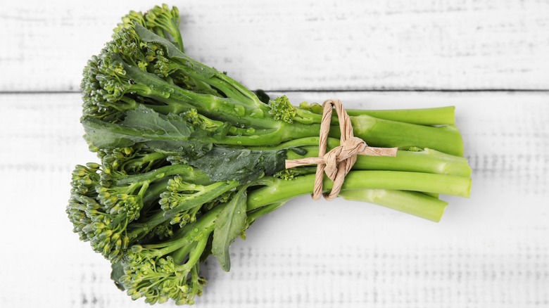 Broccolini bunch tied with string