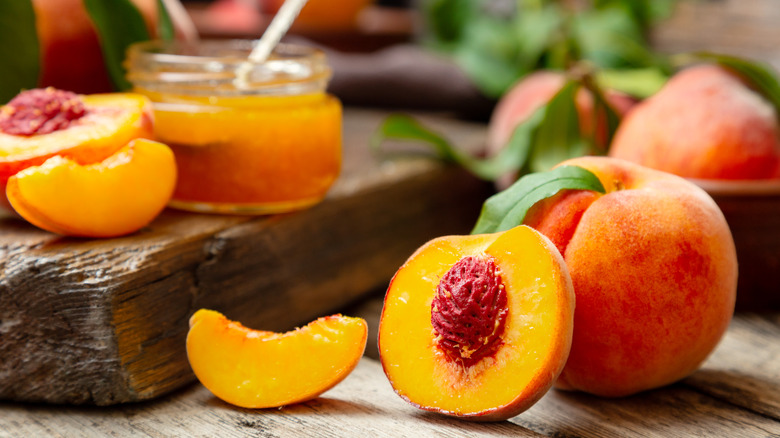 Peaches on wood block