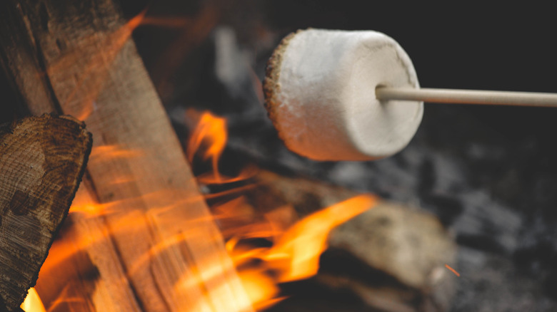 A marshmallow being roasted over an open fire 