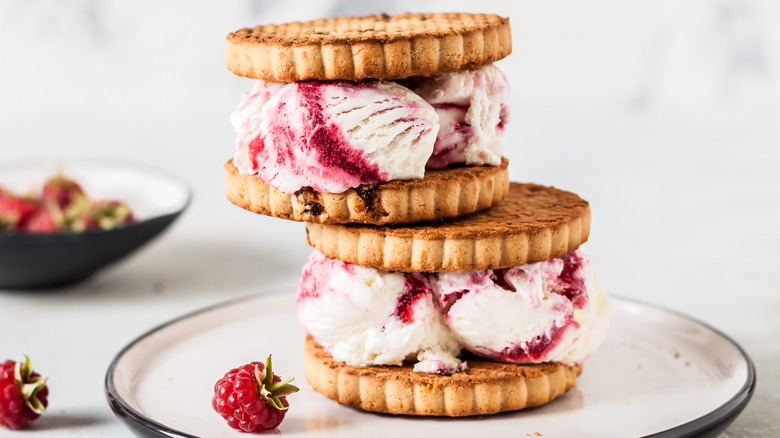 Stacked strawberry ice cream sandwiches