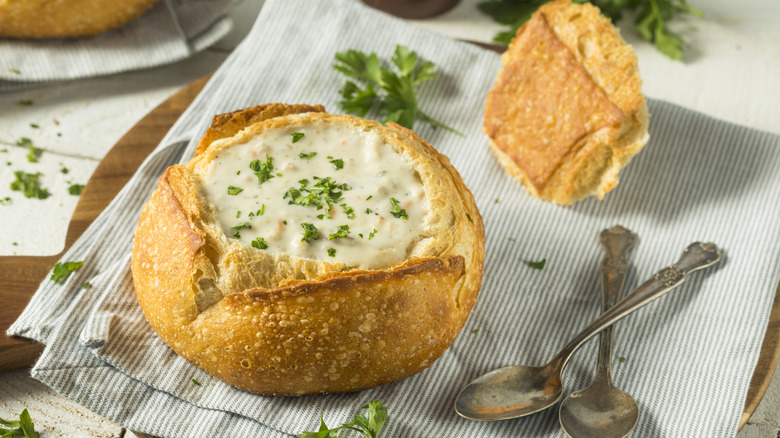 clam chowder in bread bowl
