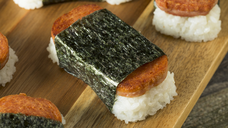 Hawaiian Spam musubi with rice and nori.