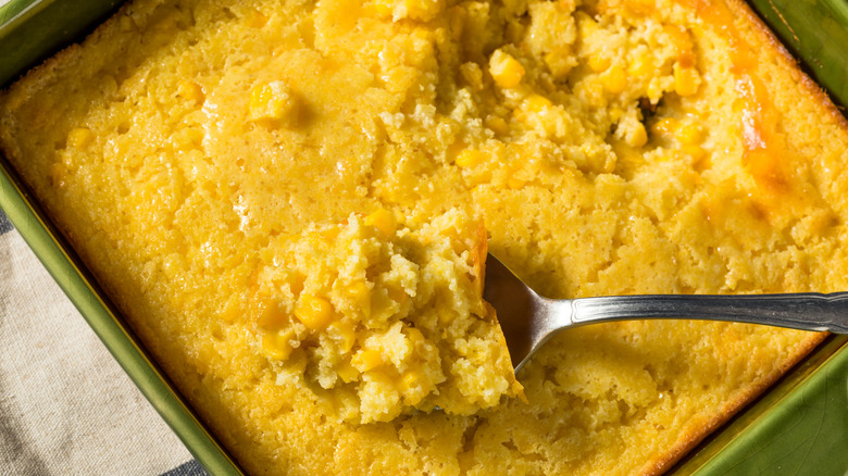 Pan of homemade corn pudding