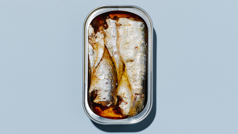 Overhead view of an open can of sardines
