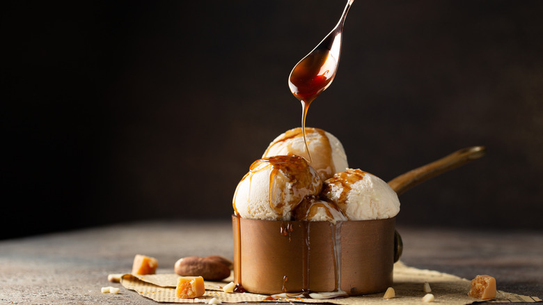 ice cream topped with caramel 