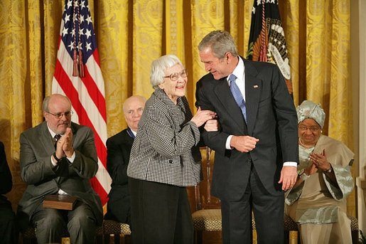 Harper Lee receive the Presidential Medal of Freedom from President George W. Bush.