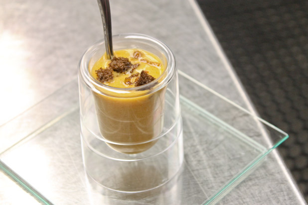 Beer and Cheddar Cheese Soup with Smoked Bacon, Jalapeño, and Pumpernickel Crouton