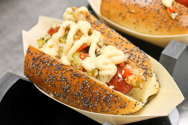 Kobe Beef Hot Dog on a Poppy Seed Bun with Togarashi, Kewpie Mayonnaise, and Nori Flakes