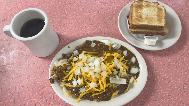 chili, coffee, and toast on diner table