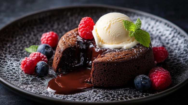 Chocolate lava cake with berries and ice cream