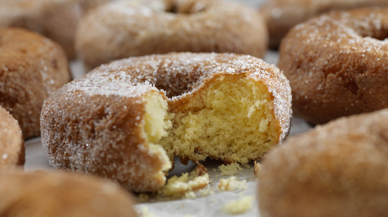 Cinnamon donuts, with a bite taken out of one of them