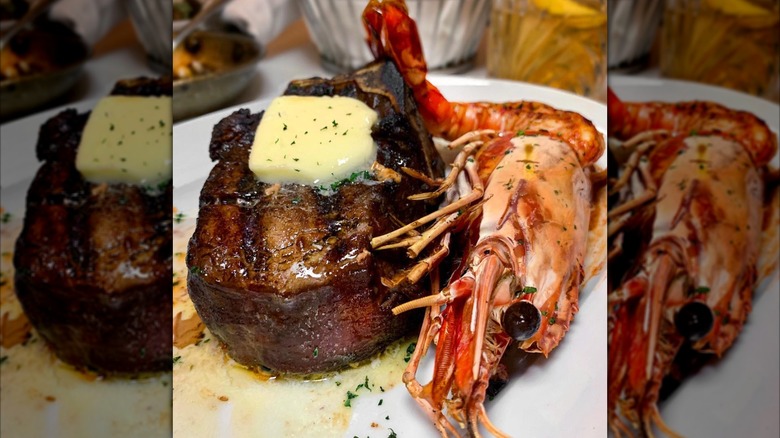 A filet mignon at Mastro's Steakhouse, served with a whole prawn