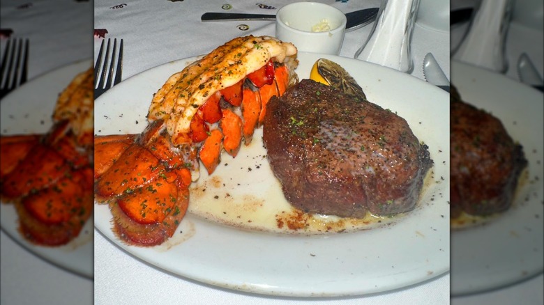 A filet mignon from Ruth's Chris Steak House, served with a lobster tail