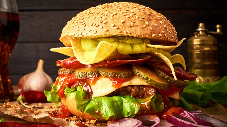 Hanburger with nachos inside it