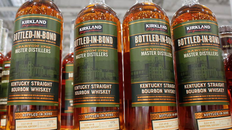 Kirkland Bottled-in-Bond bottles lined up on shelf