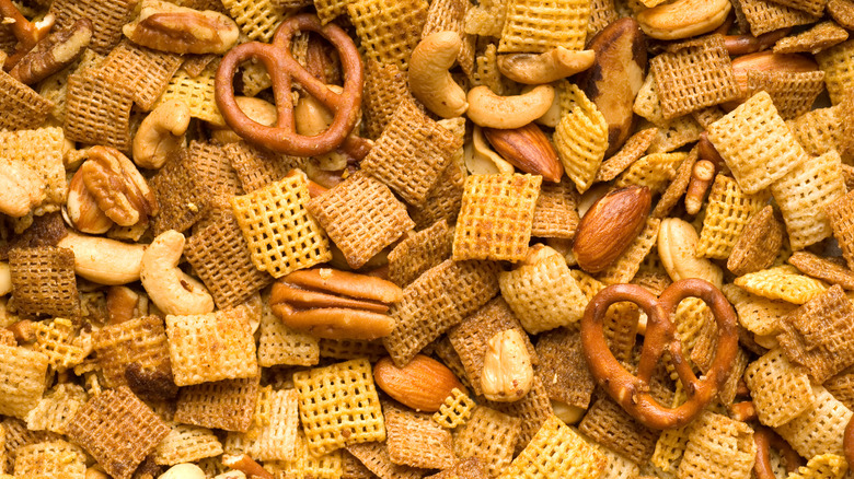party mix with pretzels, nuts, and assorted Chex Mix