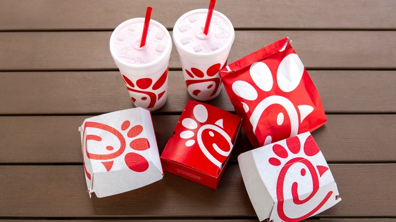 Chick Fil A items in boxes with drinks