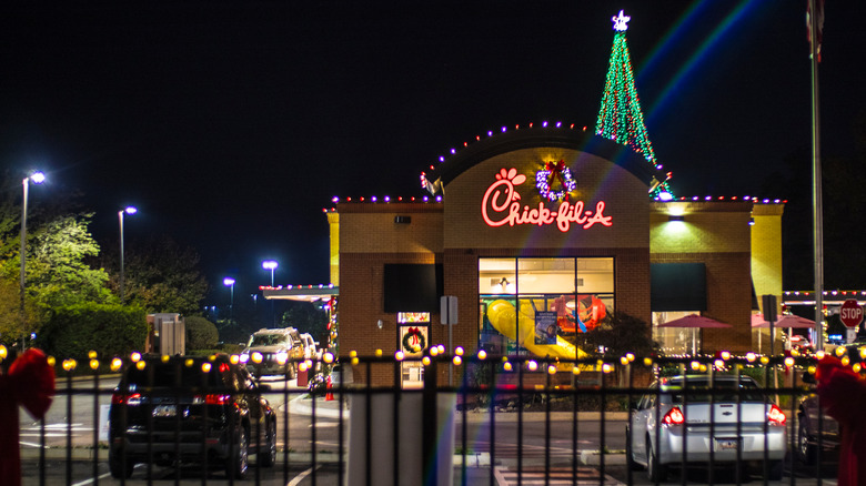 Chick-fil-A decorated for winter holidays