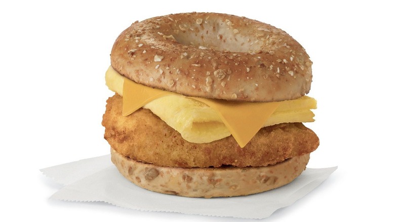 chicken, egg and cheese on a sunflower multigrain bagel