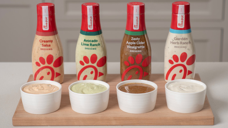 Chick-fil-A salad dressings in saucers
