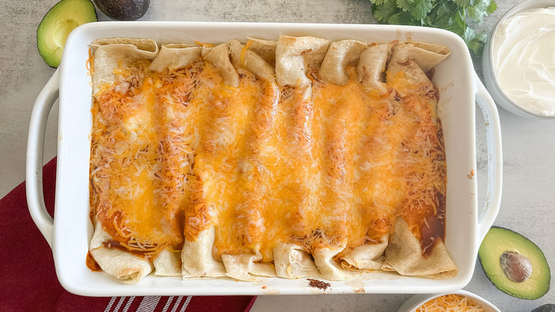 enchiladas in baking dish before baking