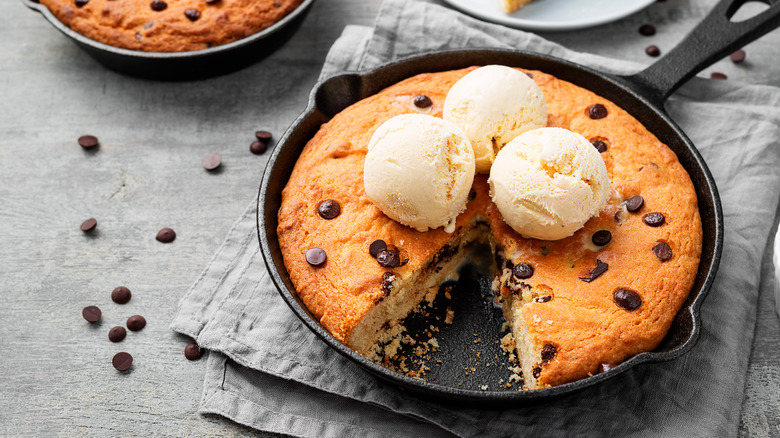 skillet cookie with ice cream on top