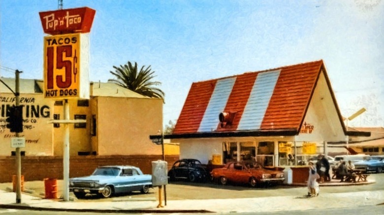 A vintage picture of the exterior of a Pup 'N' Taco