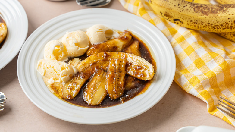 White plate of Bananas Foster