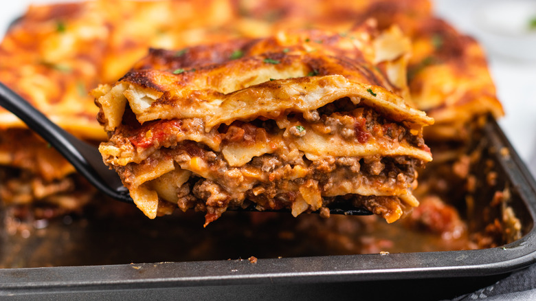 classic lasagna in dish 