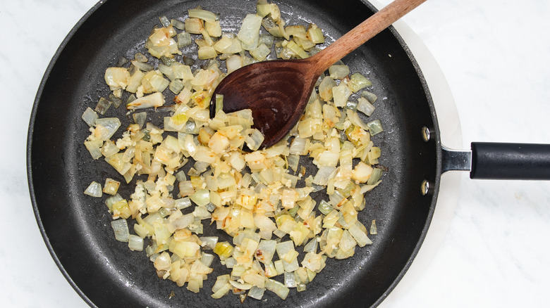 chopped onions in pan