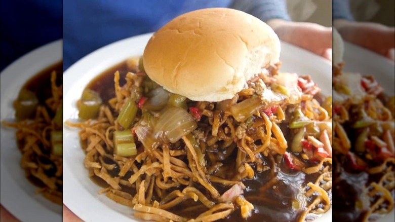 Chow mein sandwich on white plate