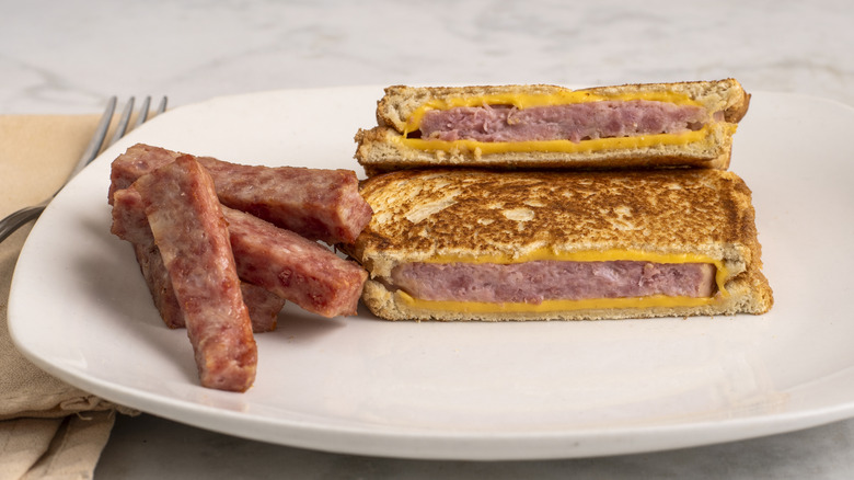 Spam sandwich on toasted bread with cheese