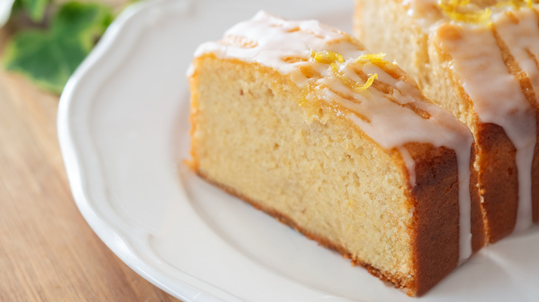 Lemon pound cake on white platter